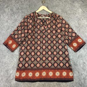 Renee C Tunic Top L Boho Flowy Border Print Geometric Sienna Motif USA Made Red